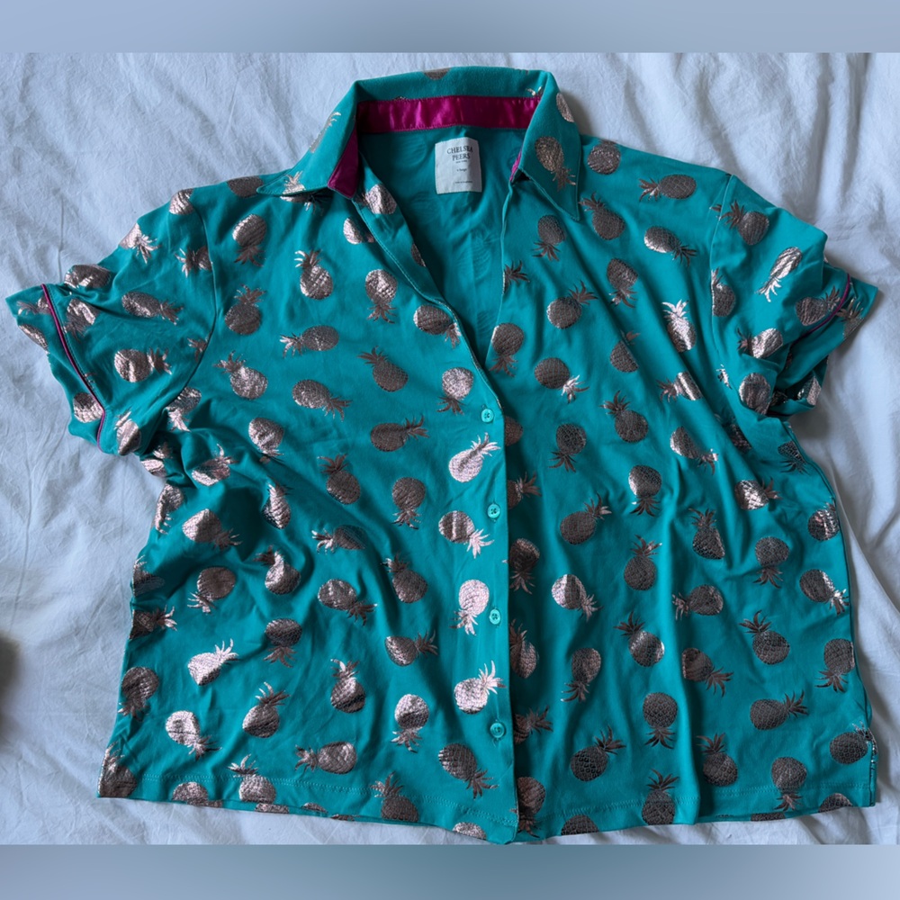 NEW! Chelsea Peers pajama set green foil pineapple NWOT - Picture 9 of 9